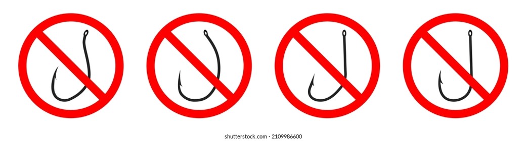 Forbidden of Fishing hook. Set of signs of prohibition of a Fishing. Stop Fishing signs isolated. Vector icons.