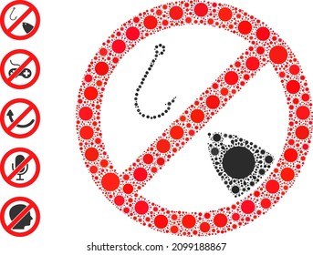 Forbidden fishing mosaic icon. Vector collage is organized of random contagious icons. Covid-2019 collage forbidden fishing icon and more icons. Forbidden fishing collage for pandemic images.