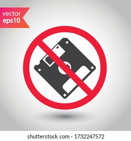 Forbidden floppy disk icon. No floppy disk vector sign. Prohibited disc warning restriction. No floppy disk caution icon. EPS 10 flat attention symbol pictogram