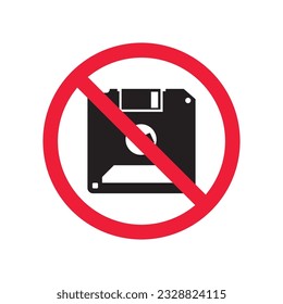 Forbidden floppy disk icon. No floppy disk vector sign. Prohibited disc icon. Warning, caution, attention, restriction. No floppy disk icon. EPS 10 flat symbol pictogram