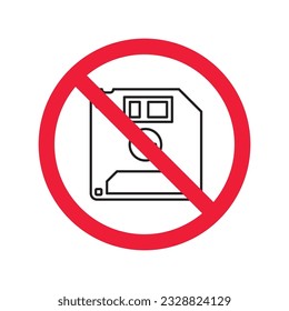 Icono de disquete prohibido. No hay señal de vector de disquete. Icono de disco prohibido. Advertencia, precaución, atención, restricción. No hay ningún icono de disquete. Pictograma de símbolo plano EPS 10