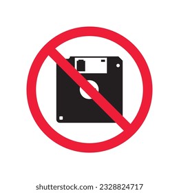Icono de disquete prohibido. No hay señal de vector de disquete. Icono de disco prohibido. Advertencia, precaución, atención, restricción. No hay ningún icono de disquete. Pictograma de símbolo plano EPS 10