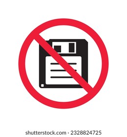 Forbidden floppy disk icon. No floppy disk vector sign. Prohibited disc icon. Warning, caution, attention, restriction. No floppy disk icon. EPS 10 flat symbol pictogram