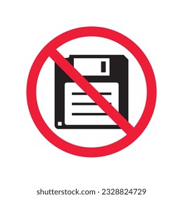 Forbidden floppy disk icon. No floppy disk vector sign. Prohibited disc icon. Warning, caution, attention, restriction. No floppy disk icon. EPS 10 flat symbol pictogram