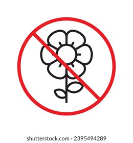 Icono vectorial de flor prohibido. Advertencia, precaución, atención, restricción, etiqueta, prohibición, peligro. No hay flor símbolo del pictograma de diseño plano. No hay icono de flores UI