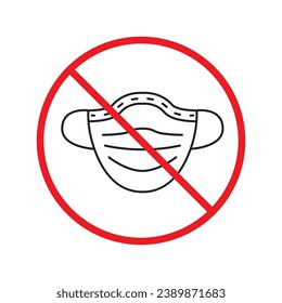 Forbidden flu mask icon. No medical mask vector sign. Prohibited Warning restriction. No flu mask caution icon. Doctor mask flat symbol pictogram UX UI. Caution danger attention ban label