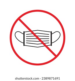 Icono de máscara antigripal prohibido. No hay señal de vector de máscara médica. Restricción de advertencia prohibida. No hay un icono de precaución con máscara antigripal. Máscara de doctor símbolo plano pictograma UX UI. Etiqueta de prohibición de la atención de peligro de precaución