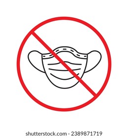 Icono de máscara antigripal prohibido. No hay señal de vector de máscara médica. Restricción de advertencia prohibida. No hay un icono de precaución con máscara antigripal. Máscara de doctor símbolo plano pictograma UX UI. Etiqueta de prohibición de la atención de peligro de precaución