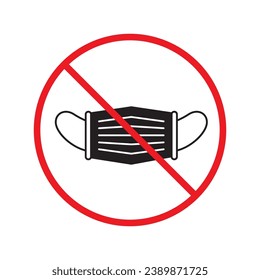 Icono de máscara antigripal prohibido. No hay señal de vector de máscara médica. Restricción de advertencia prohibida. No hay un icono de precaución con máscara antigripal. Máscara de doctor símbolo plano pictograma UX UI. Etiqueta de prohibición de la atención de peligro de precaución