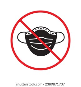 Icono de máscara antigripal prohibido. No hay señal de vector de máscara médica. Restricción de advertencia prohibida. No hay un icono de precaución con máscara antigripal. Máscara de doctor símbolo plano pictograma UX UI. Etiqueta de prohibición de la atención de peligro de precaución