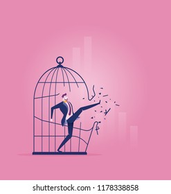 Forbidden And Freedom, Businessman Breaking Out The Large Birdcage - Business Concept Vector