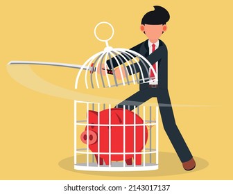 Forbidden and freedom. businessman cut the cage with a sword 