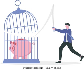 Forbidden and freedom. businessman cut the cage with a sword

