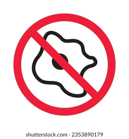 Icono vectorial de huevo frito prohibido. Advertencia, precaución, atención, restricción, etiqueta, prohibición, peligro. No hay ningún símbolo de pictograma de diseño de signo plano para huevos. Sin icono de huevo