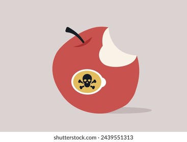 Forbidden Fruit, The Allure of a poisoned Apple, A bright red apple with a bite taken out reveals a sinister skull and bones symbol