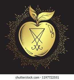 Forbidden fruit apple from the tree of knowledge with the sigil of Lucifer malum malus isolated hand drawn line art and dot work vector illustration. Sticker, print or blackwork flash tattoo design