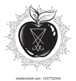 Forbidden fruit apple from the tree of knowledge with the sigil of Lucifer malum malus isolated hand drawn line art and dot work vector illustration. Sticker, print or blackwork flash tattoo design