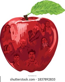 La fruta prohibida - Manzana roja con rostros emocionales reflejados en ella