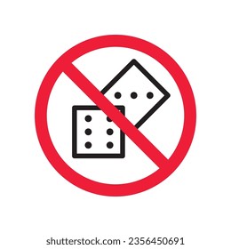 Forbidden gambling vector icon. Warning, caution, attention, restriction, label, ban, danger. No dice flat sign design pictogram symbol. No casino gamble icon