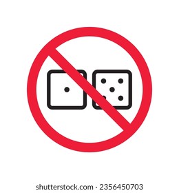 Forbidden gambling vector icon. Warning, caution, attention, restriction, label, ban, danger. No dice flat sign design pictogram symbol. No casino gamble icon