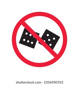 Forbidden gambling vector icon. Warning, caution, attention, restriction, label, ban, danger. No dice flat sign design pictogram symbol. No casino gamble icon