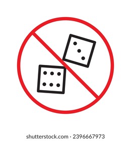 Forbidden gambling vector icon. Warning, caution, attention, restriction, label, ban, danger. No dice flat sign design pictogram symbol. No casino gamble icon UX UI