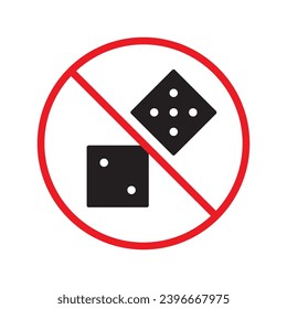 Verbotenes Spielen, Vektorsymbol. Warnung, Vorsicht, Aufmerksamkeit, Einschränkung, Kennzeichnung, Verbot, Gefahr. Keine Würfel flach Zeichen Design Piktogramm Symbol. Kein Casino-Spielsymbol UX UI