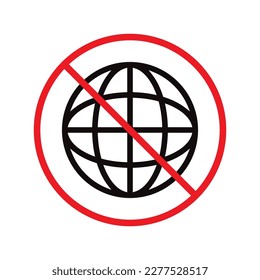 Icono vectorial de globo prohibido. Icono de tierra prohibida. No hay diseño de señales planas de globo. Advertencia, precaución, atención, restricción, etiqueta de peligro prohibición de símbolo de tierra pictograma