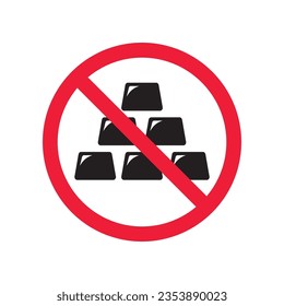 Icono vectorial de barras de oro prohibidas. Advertencia, precaución, atención, restricción, etiqueta, prohibición, peligro. No hay símbolo de pictograma de diseño de signo plano dorado. No hay icono de barras de oro