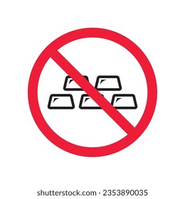 Icono vectorial de barras de oro prohibidas. Advertencia, precaución, atención, restricción, etiqueta, prohibición, peligro. No hay símbolo de pictograma de diseño de signo plano dorado. No hay icono de barras de oro