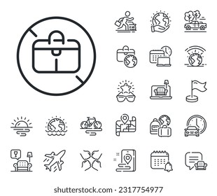 Forbidden hand baggage sign. Plane jet, travel map and baggage claim outline icons. No handbag line icon. Travel bag not allowed symbol. No handbag line sign. Car rental, taxi transport icon. Vector