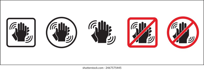 Forbidden hand clapping icons. Keep silent, quiet, don't disturb signs and symbols. Vector stock illustration. No applaud signs. Forbidden sign in round and square shape.