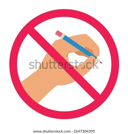 Forbidden hand drawing symbol, hand writing with red crossed circle, stop hand sketching icon, hand with pencil prohibition symbol, prohibited manual drawing sign