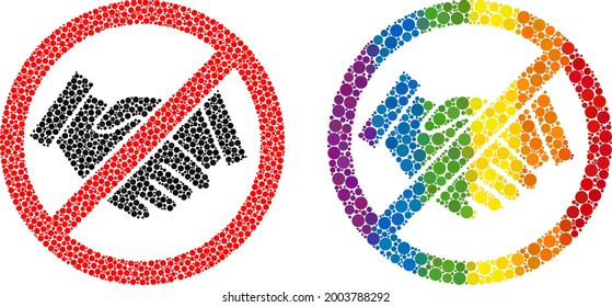 Forbidden handshake collage icon of filled circles in different sizes and spectrum colored color tinges. A dotted LGBT-colored forbidden handshake for lesbians, gays, bisexuals, and transgenders.