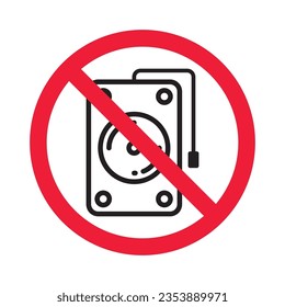 Forbidden hard drive vector icon. Warning, caution, attention, restriction, label, ban, danger. No hard drive flat sign design pictogram symbol. No hard drive icon