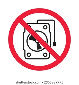 Icono vectorial del disco duro prohibido. Advertencia, precaución, atención, restricción, etiqueta, prohibición, peligro. No hay símbolo de pictograma de diseño de señal plana de disco duro. No hay icono de disco duro