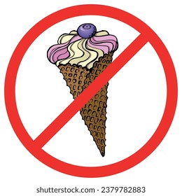 Forbidden ice cream icon isolated on white background. No ice cream symbol pictogram. Colorfull sticker prohibited ice cream. Warning, caution, attention, ban.