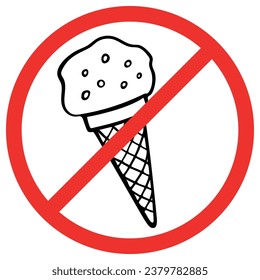 Forbidden ice cream icon isolated on white background. No ice cream symbol pictogram. Prohibited ice cream in doodle style. Warning, caution, attention, restriction ban sticker