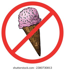 Forbidden ice cream icon isolated on white background. No ice cream symbol pictogram. Colorfull sticker prohibited ice cream. Warning, caution, attention, ban.