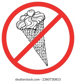 Forbidden ice cream icon isolated on white background. No ice cream symbol pictogram. Prohibited ice cream in outline style. Warning, caution, attention, restriction ban sticker