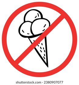 Forbidden ice cream icon isolated on white background. No ice cream symbol pictogram. Prohibited ice cream in doodle style. Warning, caution, attention, restriction ban sticker.Vector illustration.