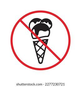 Forbidden ice cream vector icon. No ice cream symbol pictogram. Prohibited ice cream flat sign design. Warning, caution, attention, restriction ban label