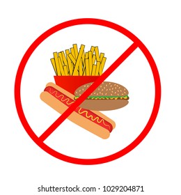 Forbidden icon eating fast food like hamburgers, hot dogs and french fries. Unhealthy food Vector, illustration.
