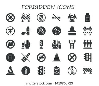 forbidden icon set. 30 filled forbidden icons.  Collection Of - No phone, Barrier, No smoke, Biohazard, Alcohol, No fast food, Restriction, poop, Traffic signal, Cone, photo