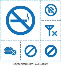 Forbidden icon. set of 6 forbidden filled icons such as no fast food, no smoking, prohibited