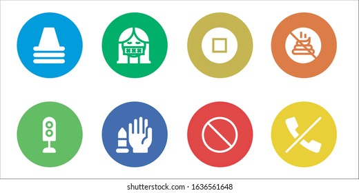 forbidden icon set. 8 filled forbidden icons. Included Cone, Traffic light, Censor, No weapons, Stop, Forbbiden, No poop, No calls icons