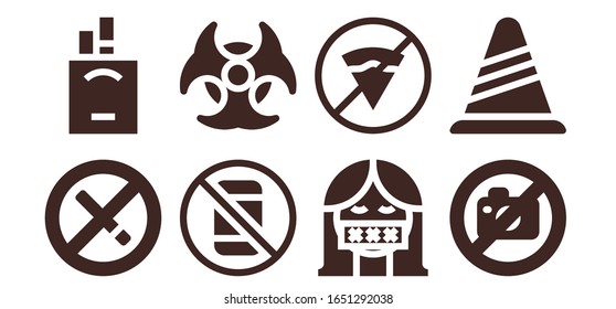forbidden icon set. 8 filled forbidden icons.  Simple modern icons such as: No smoking, Cigarettes, No phone, Biohazard, Censor, No fast food, photo, Cone