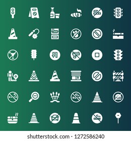 forbidden icon set. Collection of 36 filled forbidden icons included Stop, No smoking, Cone, No parking, Ashtray, No fast food, Weapons, Restricted, Traffic barriers, Banned, Blinds