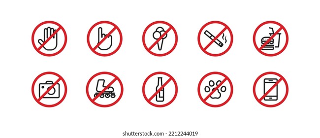 Forbidden icon set. Signs of camera, ice cream, pets, phone, skates, food. Stickers for supermarkets. Shopping symbol. Vector illustration.