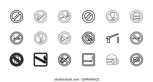 Forbidden icons. set of 18 editable outline forbidden icons: smoking area, no smoking, no fast food, prohibited